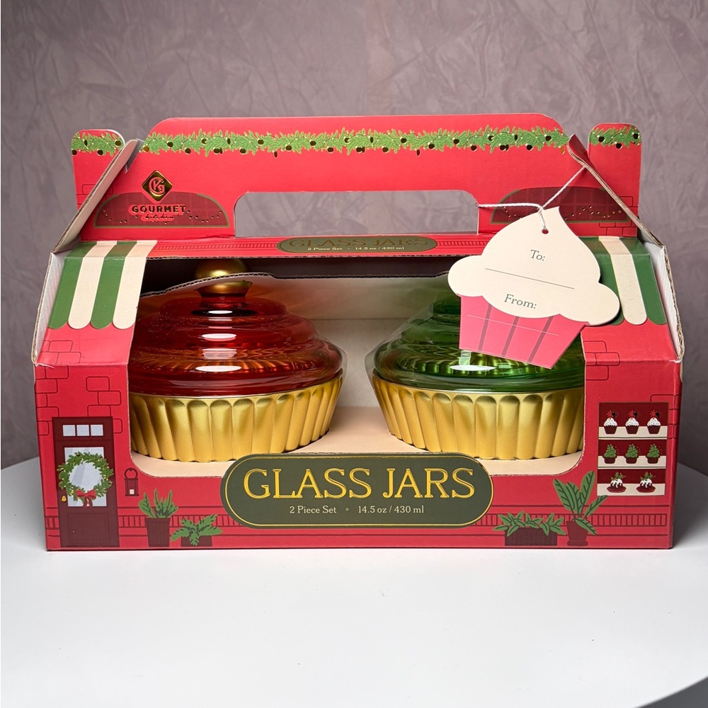 Gourmet Kitchen Glass Cupcake Jars Set - Red, Green, and Gold